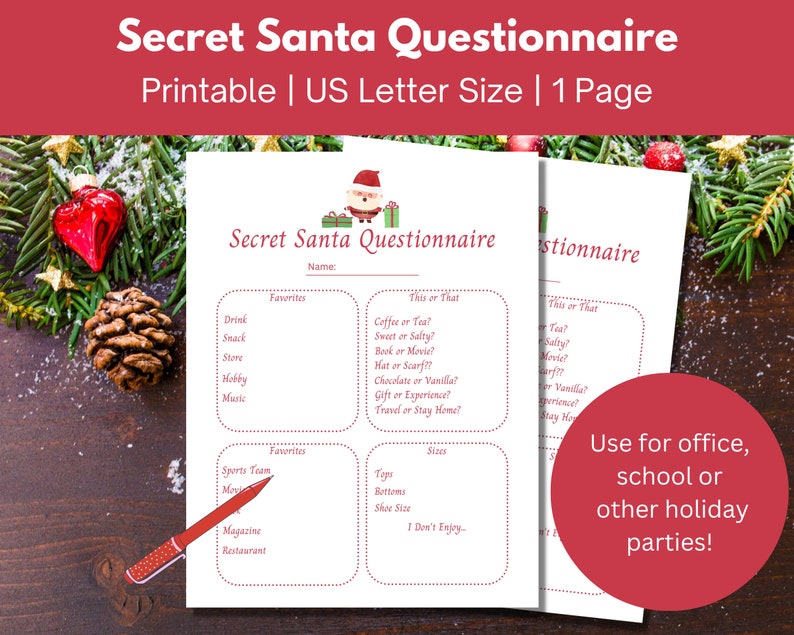 Secret Santa Gift Exchange Questionnaire for Christmas Office and