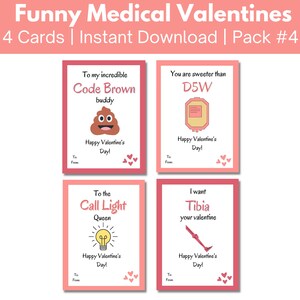 Funny Medical Valentine&#39;s Day Cards, 4 pack for doctors, nurses, hospital staff, students, pharmacists, Printable Valentines Gift Tag