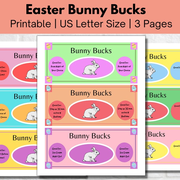 Easter Kids Bunny Bucks, Easter Egg Hunt, PRINTABLE Reward Coupons, Easter Basket Ideas, Treat Coupons, Easter Bunny Money, Egg Stuffers