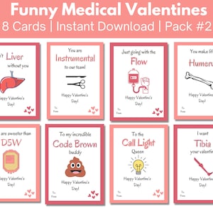 Funny Medical Valentine&#39;s Day Cards, 8 pack for doctors, nurses, hospital staff, students, pharmacists, Printable Valentines Gift Tag