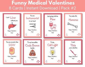 Funny Medical Valentine's Day Cards, 8 pack for doctors, nurses, hospital staff, students, pharmacists, Printable Valentines Gift Tag