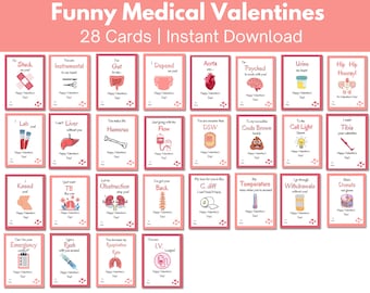 Funny Medical Valentine's Day Cards, 28 pack for doctors, nurses, hospital staff, students, pharmacists, Printable Valentines Gift Tag