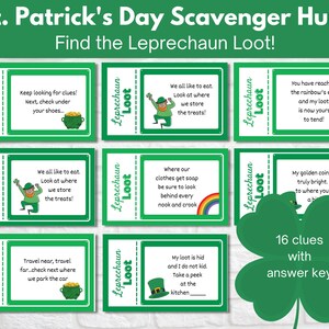 St Patricks Day Scavenger Hunt Clues, St Patricks Day Indoor Treasure Hunt, Leprechaun Hunt, Indoor Activity for Kids, Printable Game