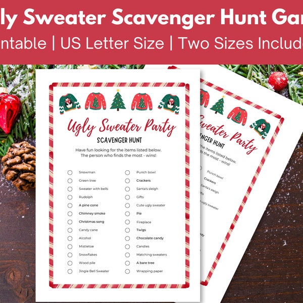 Ugly Sweater Christmas Scavenger Hunt Game for Christmas holiday parties for office, classroom, family or friends