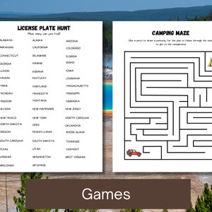 May include: A printable worksheet with two games for kids. The first game is a license plate hunt, where kids need to find all the states listed on the sheet. The second game is a camping maze, where kids need to help a jeep navigate through a maze to get to the campground.
