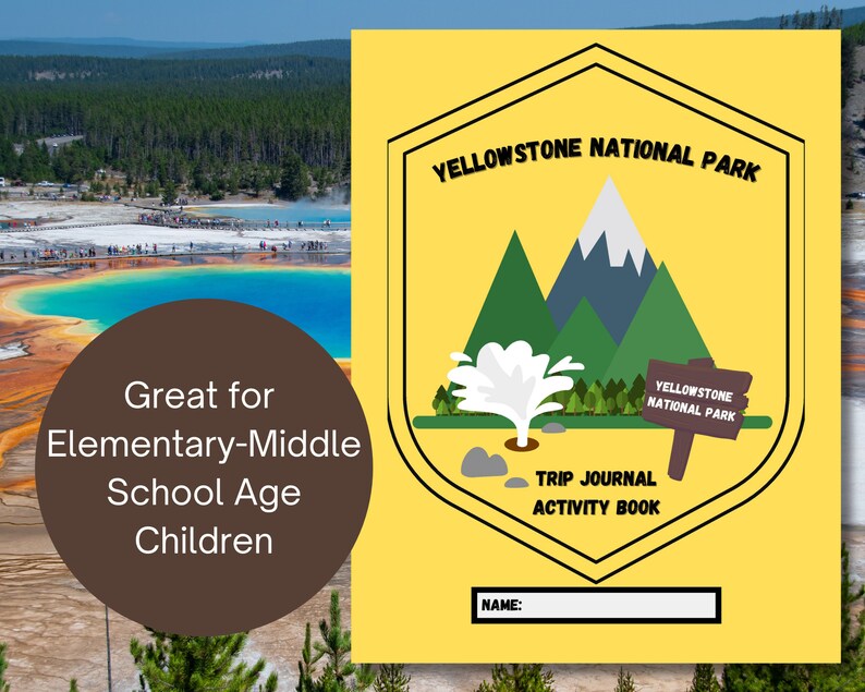 May include: Yellowstone National Park Trip Journal Activity Book with a yellow cover and a black and white illustration of a mountain range and a geyser. The text "YELLOWSTONE NATIONAL PARK" is at the top of the cover. The text "TRIP JOURNAL ACTIVITY BOOK" is at the bottom of the cover. The text "NAME:" is at the bottom of the cover.
