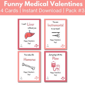 Funny Medical Valentine&#39;s Day Cards, 4 pack for doctors, nurses, hospital staff, students, pharmacists, Printable Valentines Gift Tag