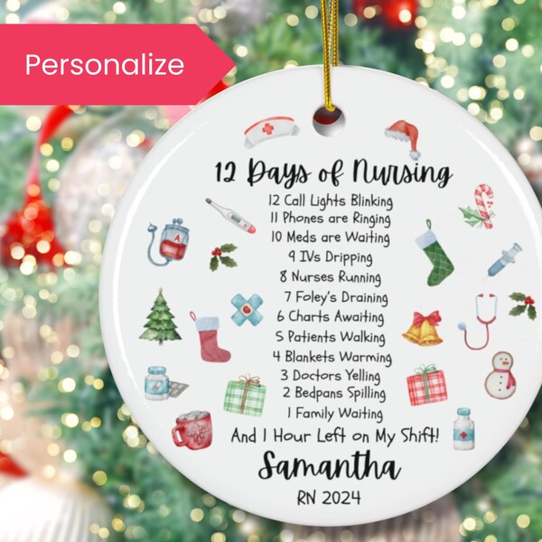 Décoration de Noël d'infirmière, cadeau de Noël personnalisé pour infirmière 12 jours, cadeau d'infirmière drôle, cadeau de Noël pour infirmière, décoration de Noël personnalisée