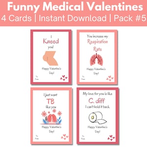 Funny Medical Valentine&#39;s Day Cards, 4 pack for doctors, nurses, hospital staff, students, pharmacists, Printable Valentines Gift Tag