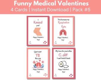 Funny Medical Valentine's Day Cards, 4 pack for doctors, nurses, hospital staff, students, pharmacists, Printable Valentines Gift Tag