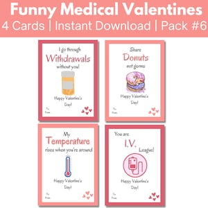 Funny Medical Valentine&#39;s Day Cards, 4 pack for doctors, nurses, hospital staff, students, pharmacists, Printable Valentines Gift Tag