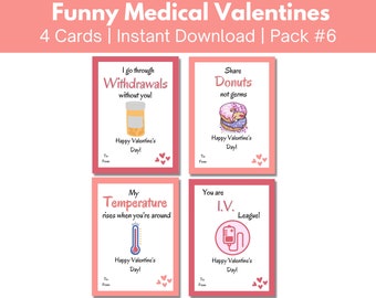 Funny Medical Valentine's Day Cards, 4 pack for doctors, nurses, hospital staff, students, pharmacists, Printable Valentines Gift Tag