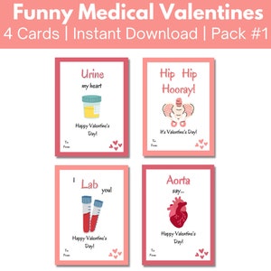 Lustige Valentinstag Valentinstag Karten, 4er Pack für Ärzte, Krankenschwestern, Krankenhauspersonal, Studenten, Apotheker, Printable Valentines Geschenkanhänger