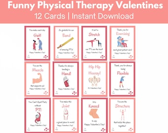 May include: Twelve printable Valentine's Day cards featuring funny physical therapy puns. Each card has a different illustration and a pun related to physical therapy. The cards are pink and white with hearts.