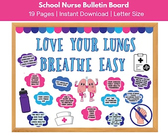 May include: A colourful bulletin board with the title "Love Your Lungs Breathe Easy". The board features illustrations of lungs, a doctor's stethoscope, and other health-related images. The text on the board includes tips for keeping lungs healthy, such as drinking water, exercising, and avoiding strong fumes.