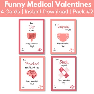 Funny Medical Valentine&#39;s Day Cards, 4 pack for doctors, nurses, hospital staff, students, pharmacists, Printable Valentines Gift Tag