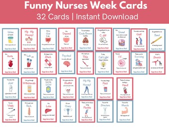 May include: A set of 32 printable cards with humorous illustrations and text related to the medical field. The cards are designed to be given to nurses as a thank you during Nurses Week. The cards have a pink and blue colour scheme.