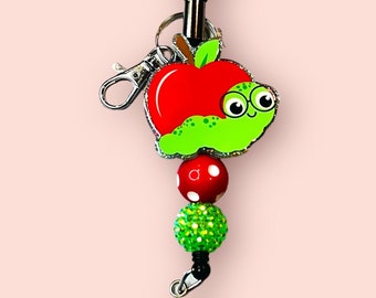 Apple with worm beaded lanyard teacher gift retractable badge reel name tag holder badge access ready to ship rhinestone beads RTS
