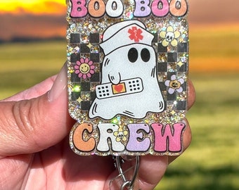 Boo boo crew acrylic badge reel or lanyard gift for friend retractable badge reel Nurse ID holder name tag clip work ID tag Halloween