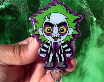 Beetle guy acrylic badge reel or lanyard gift for friend retractable badge reel ID holder name tag clip work ID tag Halloween gift