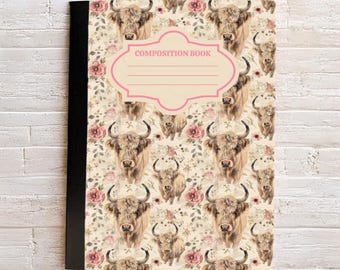 Floral cow composition book cattle cute farm aesthetic journal perfect for school, work, or personal use writing back to school supplies