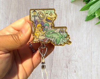Louisiana Mardi Grad acrylic badge reel or lanyard gift for friend retractable badge reel  holiday ID holder name tag clip work