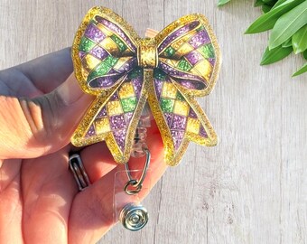 Mardi Grad bow acrylic badge reel or lanyard gift for friend retractable badge reel  holiday ID holder name tag clip work