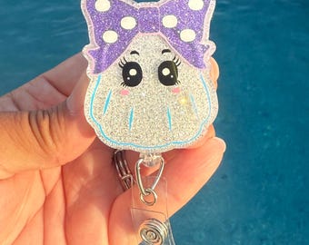 Ghost with bow acrylic badge reel or lanyard gift for friend Halloween retractable badge reel holiday ID holder name tag clip work cute