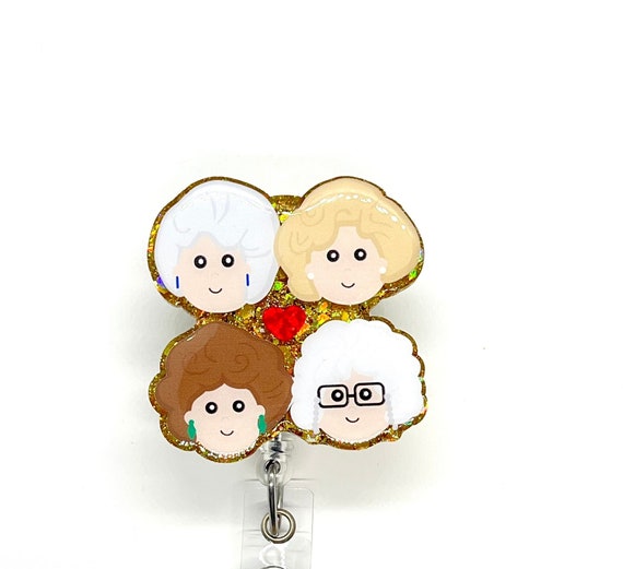Old Ladies with Heart Acrylic Badge Reel | Golden | Retractable ID Holder | Nurse Gift | Friend Gift | Badge Clip