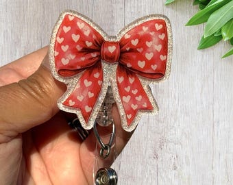 Valentine bow acrylic badge reel or lanyard gift for friend hearts retractable badge reel  holiday ID holder name tag clip work cute