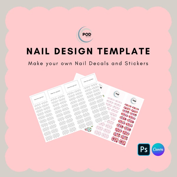 Nail Design Template for Decals and Stickers | Photoshop Canva | A4 Size