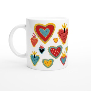 Tazza in ceramica messicana Dia de Los Muertos Sacro cuore Giorno dei morti Cuori colorati Bianco Multi 11 once