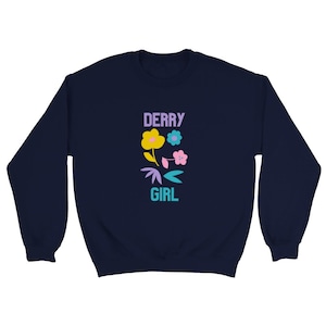White/Navy Derry Girl Cute Spring Summer Floral Pastel Colourful Printed Bright Classic Unisex Crewneck Sweatshirt