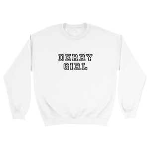 White and Black Derry Girl Varsity Style Athletic Printed Classic Unisex Crewneck Sweatshirt