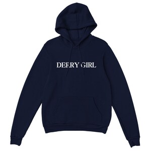 DERRY GIRL Minimalist Navy Classic Unisex Pullover Hoodie with White Text
