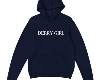 DERRY GIRL Felpa con cappuccio pullover unisex classica blu scuro minimalista con testo bianco