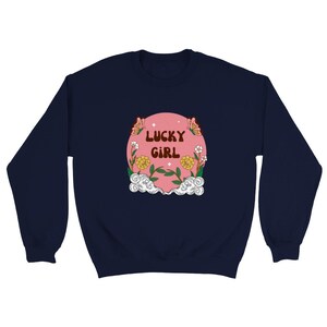 Navy/White/Black Lucky Girl Syndrome Cute Fantasy Style Whimsical Cartoon White Brown Pink Floral Classic Unisex Crewneck Sweatshirt