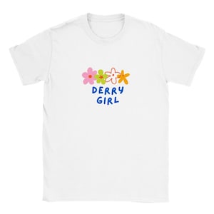 Derry Girl Cute Colourful Floral Printed Classic Kids Crewneck T-shirt in Navy or White