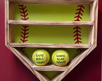 Rustic Softball Display with traditional softball colored backboard Holds 14 Softballs