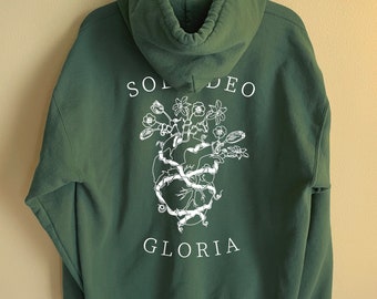 Sudadera con capucha Soli Deo Gloria (vinilo blanco) – Sudadera cristiana con corazones y flores
