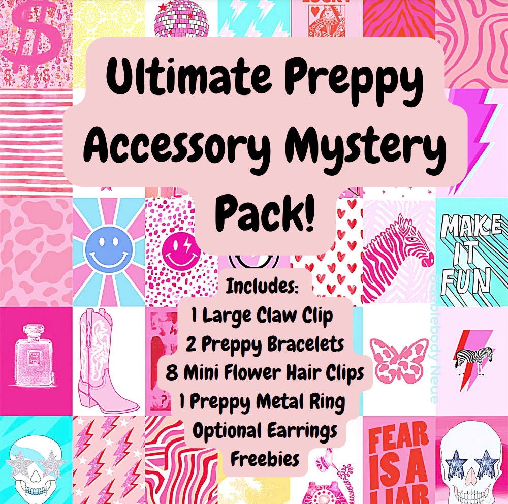 Ultimate preppy accessory mystery pack - jewellery pack - preppy bracelet -  claw clip - earrings - rings - mini clips - preppy accessory kit