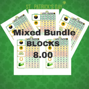 Pode incluir: Um conjunto de quatro cartões de bingo imprimíveis para o Dia de São Patrício com um esquema de cores verde, branco e dourado. Cada cartão apresenta um amuleto da sorte diferente, incluindo um pote de ouro, uma ferradura, um arco-íris e um chapéu de duende. Os cartões são etiquetados como "Lucky Charms" e têm os números de 1 a 75.