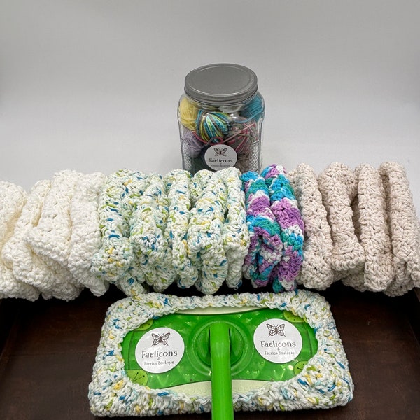 Set of 2 - Reusable Cotton Mop Dusters 10x5 Stretchy Crochet Dry  Damp Covers Ready to Ship