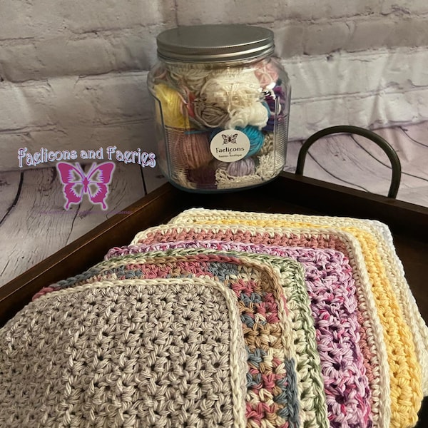 3 PIECE SET-> 100% Cotton 8.5”x8.5” Handmade Crochet Dishcloths (2) & matching dish scrub (1)- Crochet Cotton Washcloth/Dishcloth/Spa Set