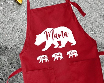 Mama Bear Apron With Pockets - Personalized Mama Bear Apron with Children's Names - Mama Apron With Kid's Names - Mother's Day Gift for Mom