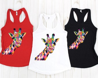 Colorful Giraffe Tank Top, Women Tank Top, Cute Animal Tank, Friends Tank Top, Graphic Tank Top