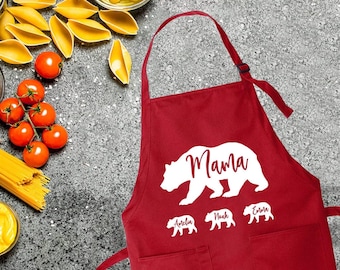 Mama Bear Apron With Pockets - Personalized Mama Bear Apron with Children&#39;s Names - Mama Apron With Kid&#39;s Names - Mother&#39;s Day Gift for Mom