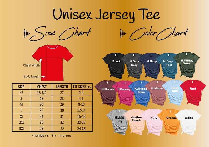 Pu&ograve; includere: Tabella delle taglie per maglietta in jersey unisex con misure in pollici e una tabella dei colori che mostra diversi colori della maglietta. I colori includono nero, grigio scuro, blu navy, verde acqua, verde militare, bordeaux, lampone, blu Columbia, malva, blu bambino, rosso, grigio chiaro, pesca, rosa, arancione e bianco.