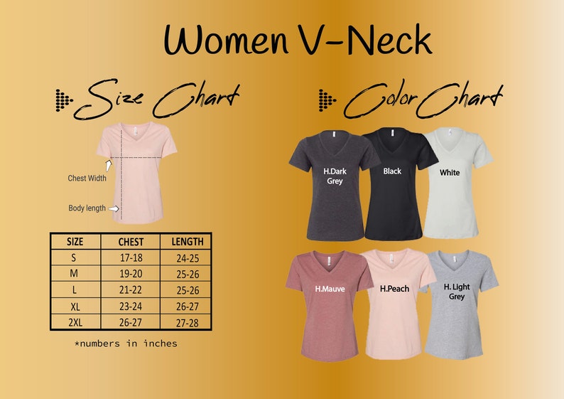 Pu&ograve; includere: Tabella delle taglie per camicie a collo a V da donna con misure in pollici. La tabella mostra le misure del torace e della lunghezza per le taglie S, M, L, XL e 2XL. La tabella dei colori mostra sei colori diversi: grigio scuro, nero, bianco, malva, pesca e grigio chiaro.