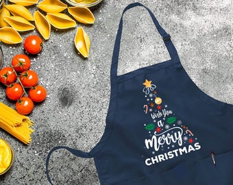 Merry Christmas Apron, Christmas Dinner Apron, Cute Christmas Gift, Leopard Print Christmas Tree Apron, Women Holiday Apron